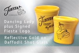 Fiesta Dancing Lady Daffodil shot glass with Liz McIlvain's signature