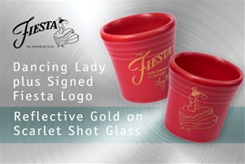 Fiesta Dancing Lady Scarlet shot glass with Liz McIlvain's signature