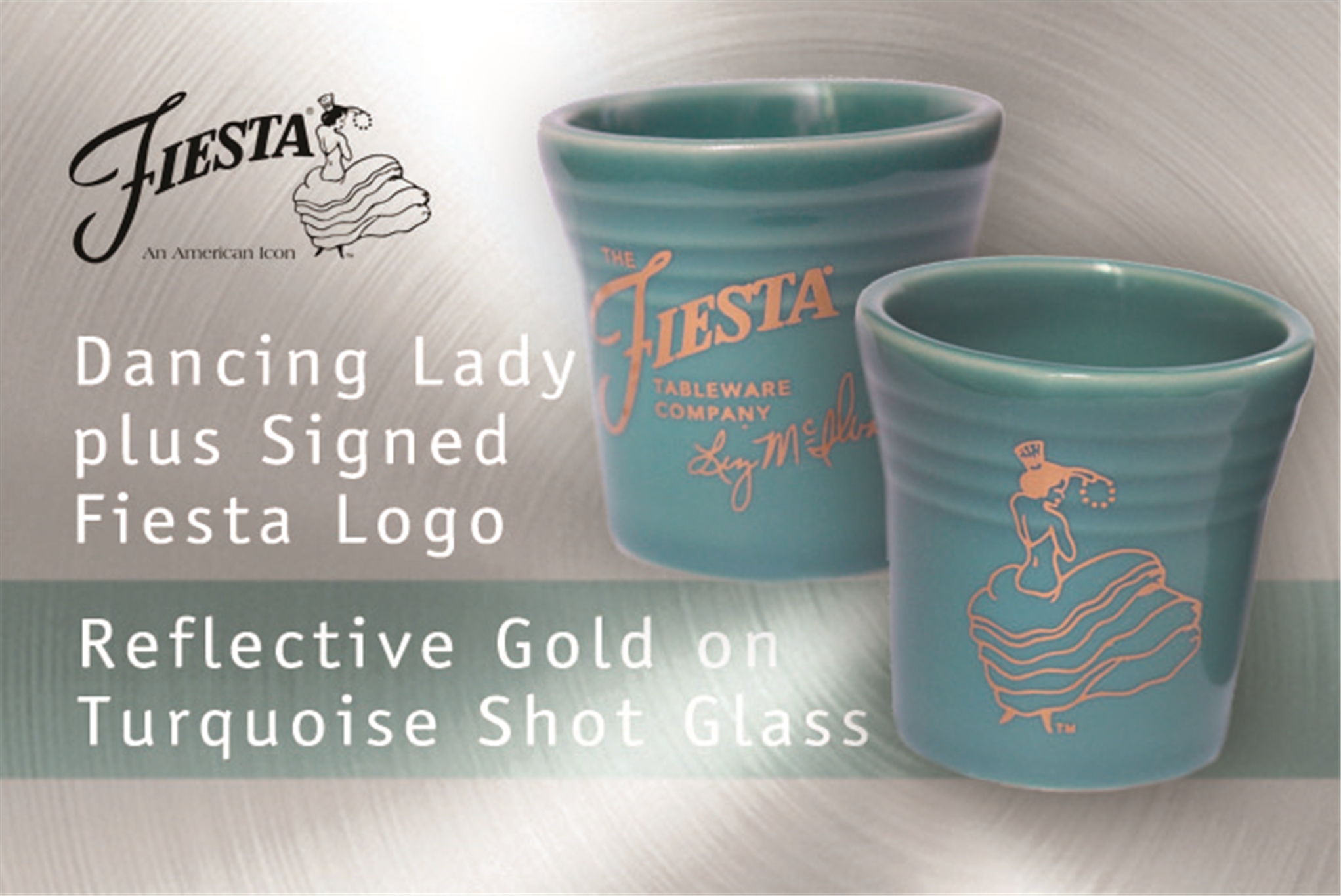 Fiesta Dancing Lady Turquoise shot glass with Liz McIlvain's signature