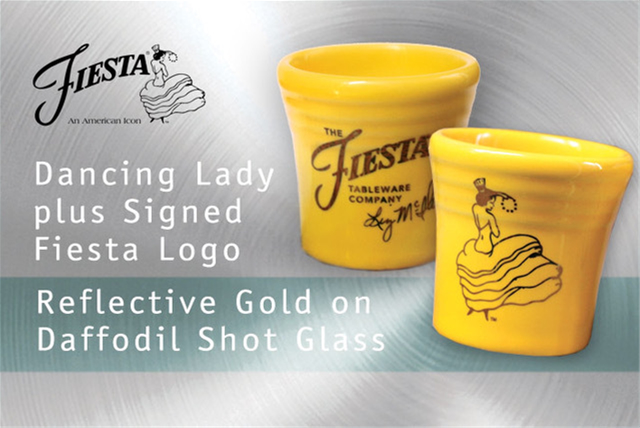 Fiesta Dancing Lady Daffodil shot glass with Liz McIlvain's signature