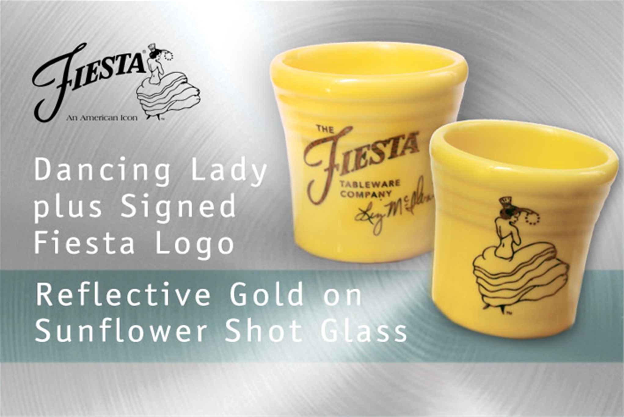 Fiesta Dancing Lady Sunflower shot glass with Liz McIlvain's signature